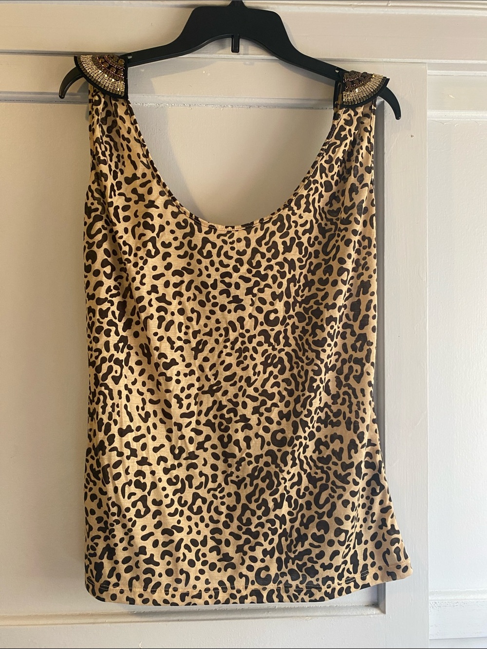 Kardashian Kollection Leopard Print Tank with Beaded Shoulders - Tan & Black